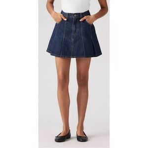 Levis Women Pleated Denim Mini A-Line Skirt Dark Wash Blue Cotton Size 29